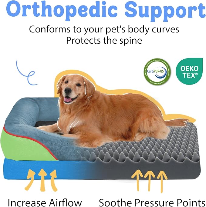 Waterproof Orthopedic XL Dog Bed for Large and Extra Large Dogs | Egg Crate Foam, 4-Sided Bolster Support, Waterproof Liner, Non-Slip Bottom, Machine Washable Cover, 42 x 30 Inch