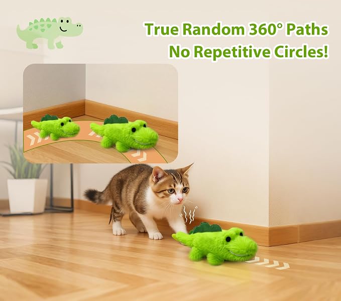 Interactive Cat Toys for Indoor Cats – Auto Moving Alligator with 360° Random Movement & Tail Wagging, Rechargeable Cat Exercise Toy with Catnip, Self-Play Fun for Bored Adult Cats-Plush