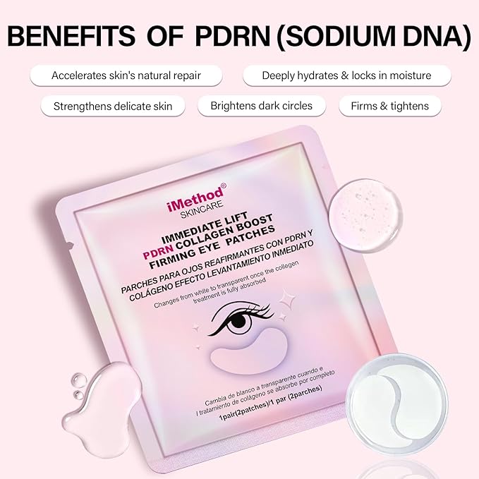 iMethod PDRN Collagen Boost Eye Patches - Under Eye Mask, Instant Lift Eye Mask for Reduce Fine Lines & Wrinkles, Firming Under Eye Patches for Dark Circles, Puffy Eyes, Eye Bags, 2 Pack, 16 Pairs