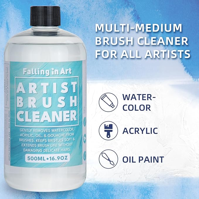Falling in Art Paintbrush Cleaner, Effective Airbrush Cleaner and Restoration Solution, Professional Oil and Acrylic Paint Remover for Artists, 16.9 Oz Bottle