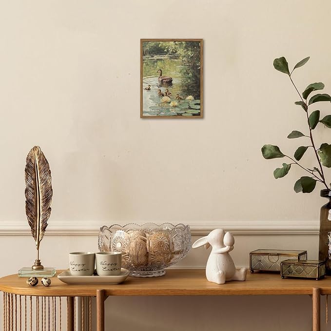 Framed Vintage Duck Canvas Wall Art, Rustic Farmhouse Animal Family Pictures Wall Decor, Country Nature Pond Paintings Prints Cottagecore Home Decor for Living Room Bedroom Bathroom 8x10 inch