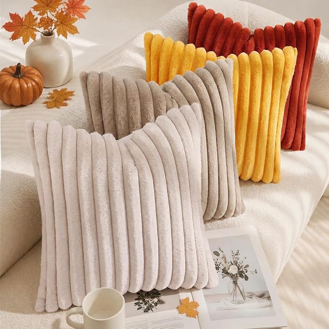 decorUhome Fall Faux Fur Throw Pillow Covers 20x20 Set of 2 Rust | Decorative Soft Cozy Striped Plush Modern Farmhouse Boho Couch Pillow Cases Velvet Back for Sofa Bed Living Room Home Decor