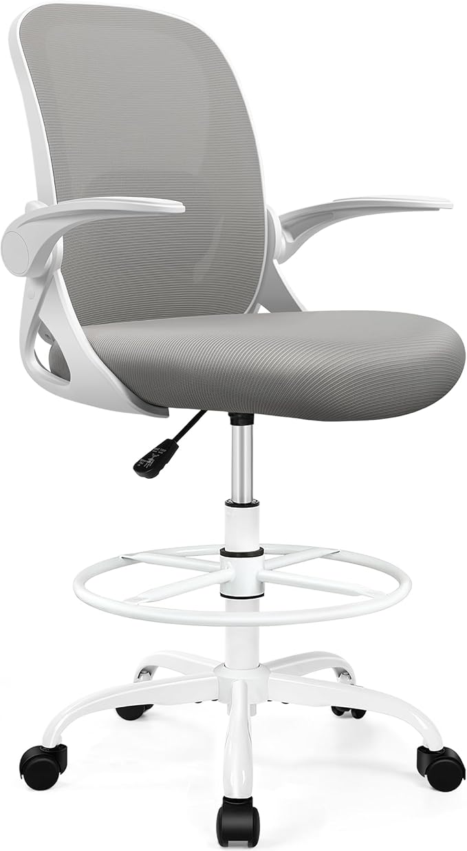 Drafting Chair Tall Office Chair with Flip-up Armrests, Adjustable Height, and Enhanced Lumbar Support - Ergonomic Rolling Stool, Back Support, and Adjustable Foot Rest Ring for Standing Desk Gray