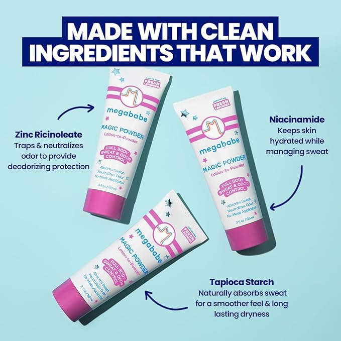 Megababe Sweat & Odor Absorbing Lotion - Magic Powder Stay-Dry Lotion to Powder | Spring Break Must-Have | Aluminum-Free, Talc-Free | 3 fl oz