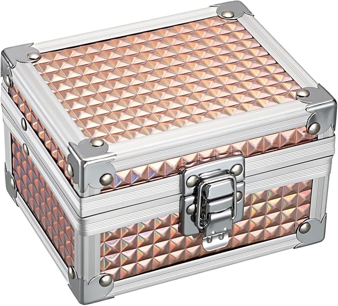 Hipiwe 2-Layer Jewelry Box with Mirror & Tray Aluminum Trinket Organizer | Hair Accessories Holder, Jewelry Storage Box for Necklace Earrings Rings Gift for Women, Rose Gold 4.7"x 3.7"x 3.1"