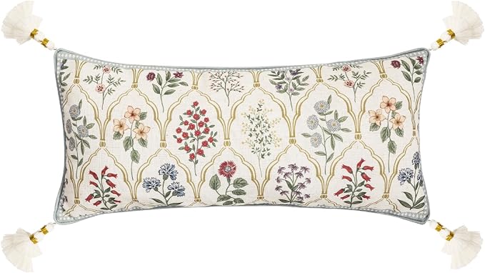 Designer Vintage Linen Throw Pillow Cover,28"x12"-Serenity B | French Elegant Rectangle Decor Pillow Cover,Concealed Zipper Design,Colorful Floral Pattern,Sofa,Bedroom,Living Room,Chair