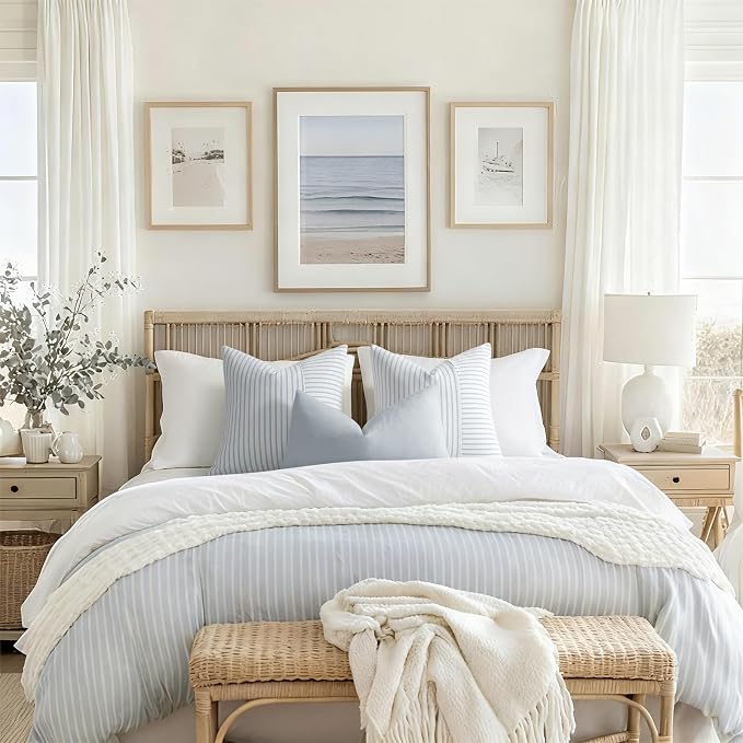YCOLL Farmhouse Euro Sham Pillow Covers 24x24, Modern Throw Pillow Covers Set of 2, Light Blue and Beige Striped Patchwork Linen Decorative Cushion Covers for Bed Sofa Couch Living Room Home Decor