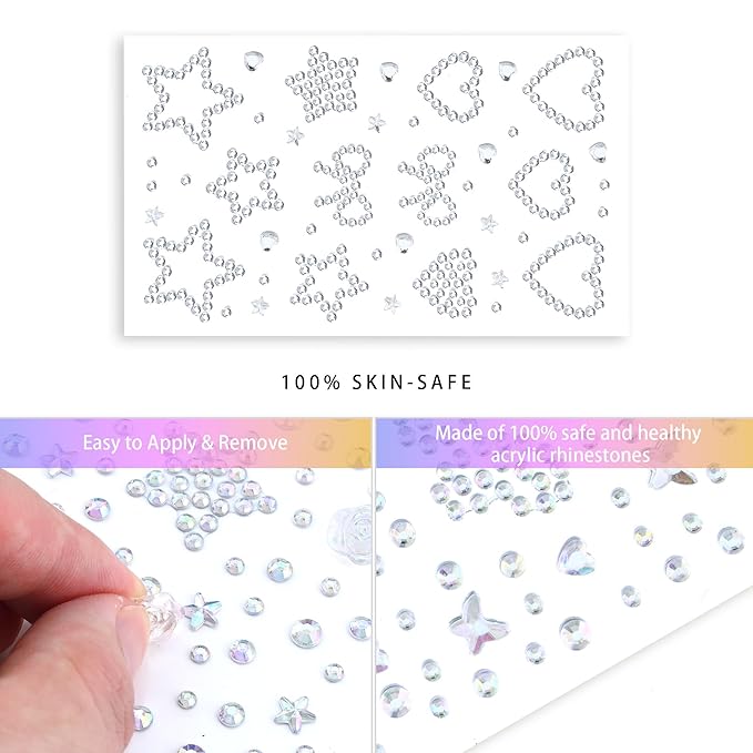 SAOROPEB 5 Sheets Face Gems Face Jewels Stickers, Self Adhesive Eye Body Face Nail Crystal Rhinestones Rainbow for Women Festival Accessory and Nail Art Decorations