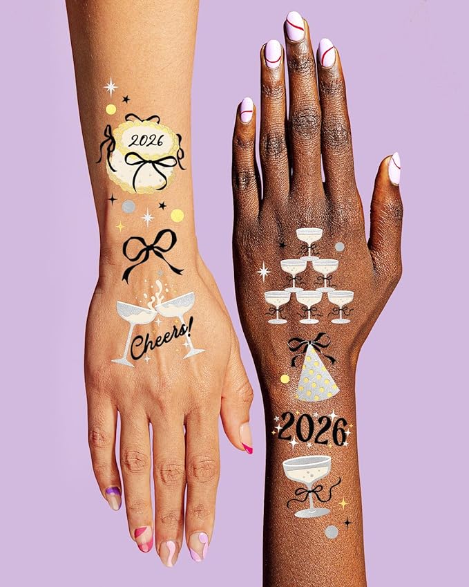 xo, Fetti New Year's Eve Temporary Tattoos - 40 design | 2026 Gold and Silver Foil, NYE Party Accessories, Photo Booth Favors, Glitter Stickers, Girls Night, Glam