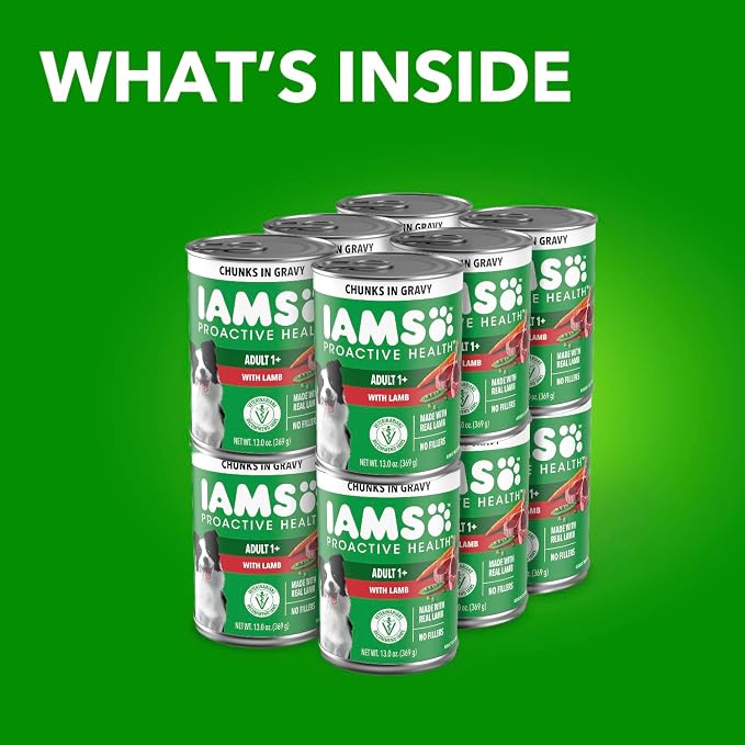 IAMS Proactive Health Chunks in Gravy Wet Dog Food, Lamb, 13 oz, 12 Pack | Real lamb, Omega 6 fatty acids, 100% complete & balanced, no artificial flavors or soy, supports healthy skin & coat, canned