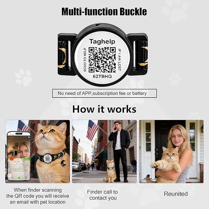 2PCS Breakaway Cat Collars with QR Code Bell Moons Stars Cute Kitty Adjustable Safe Kitten Collars with Pendant Glow in The Dark. Smart ID tag.Real-time scan alerts (Purple&Pink)