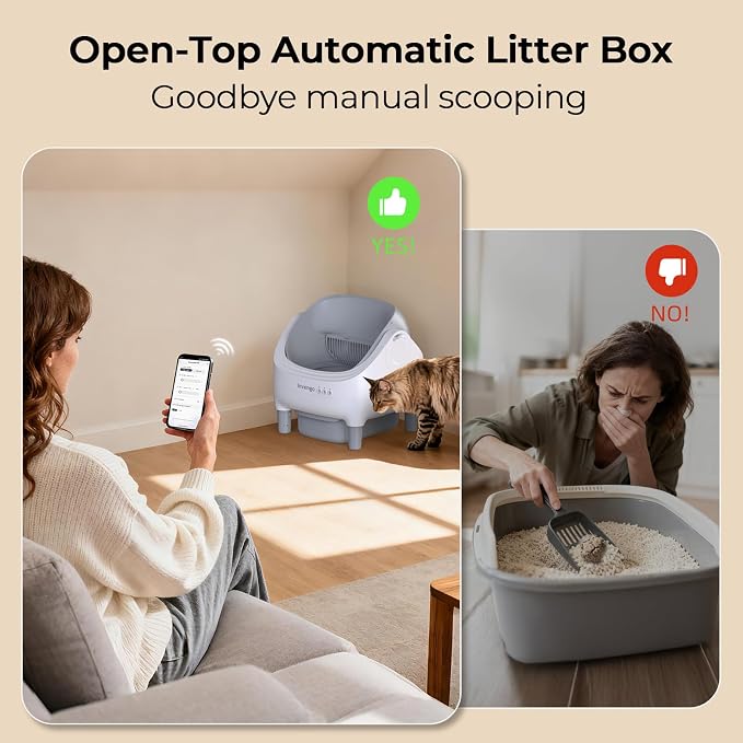 Invengo Automatic Cat Litter Box Self Cleaning, App Control, Open-Top Automatic Litter Box with Safety Sensors, Ultra-Quiet, 10.5L Waste Bin with Odor Control, 2 Rolls of Garbage Bags, Slate Gray