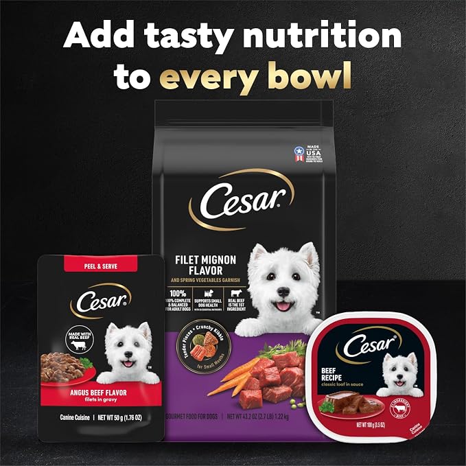 Cesar Mini-Pouch Wet Dog Food, Angus Beef Flavor, 1.76 oz, 20 Count | Real beef, protein-packed, no fillers or artificial flavors, slow-cooked tender texture, serve as meal, snack, or topper
