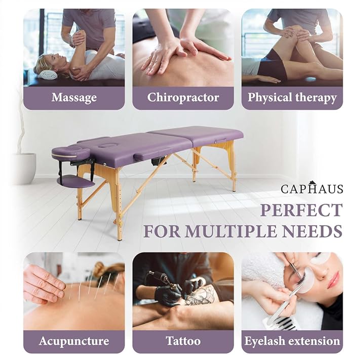 CAPHAUS 84 Inch Memory Foam Massage Table, 28 Inch Wide Foldable & Portable Massage Bed, Facial Cradle Salon Bed Wooden Legs & Carry Case, Height Adjustable Spa Bed, Purple