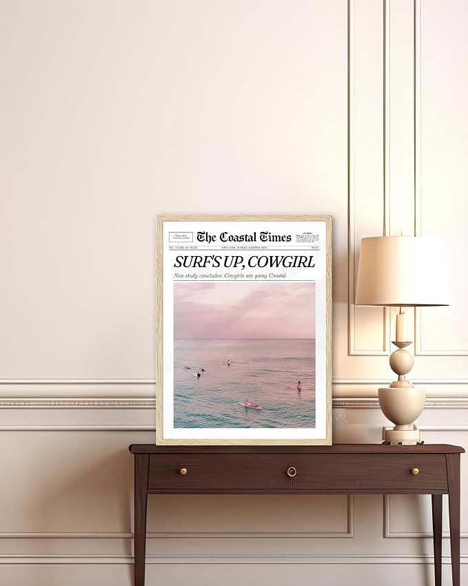 iHery 8x10in Surf’s Up Cowgirl Framed Newspaper Wall Art | Natural OAK Wood Frame with Canvas Print, Coastal Cowgirl Decor for Bedroom, Dorm, Living Room and Bar Cart, 1Pack