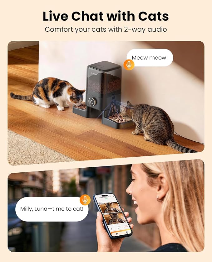oneisall Automatic Cat Feeder with Camera for 2 Cats Pets, 20 Cups/5L | 5G Wi-Fi, Dual Cameras, HD Night Vision, 2-Way Audio, Motion-Activated Alerts, APP Remote Control, Feed Now, Feeding Logs