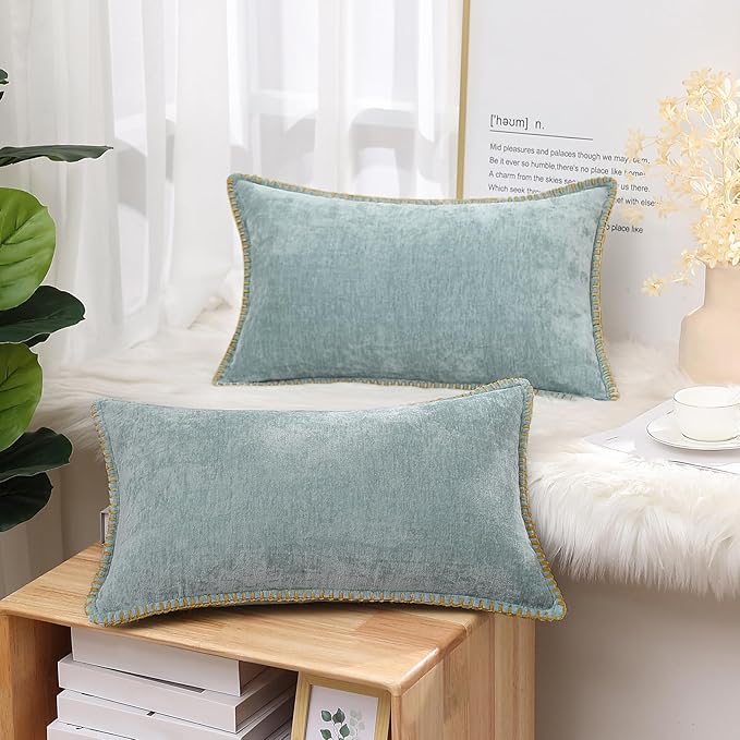 decorUhome Soft Chenille Throw Pillow Covers 12x20 Set of 2 Aqua Haze | Fall Textured Decorative Throw Pillow Cases Stitched Edge Modern Farmhouse Luxury Boho Velvet for Couch Sofa Bed Home Decor