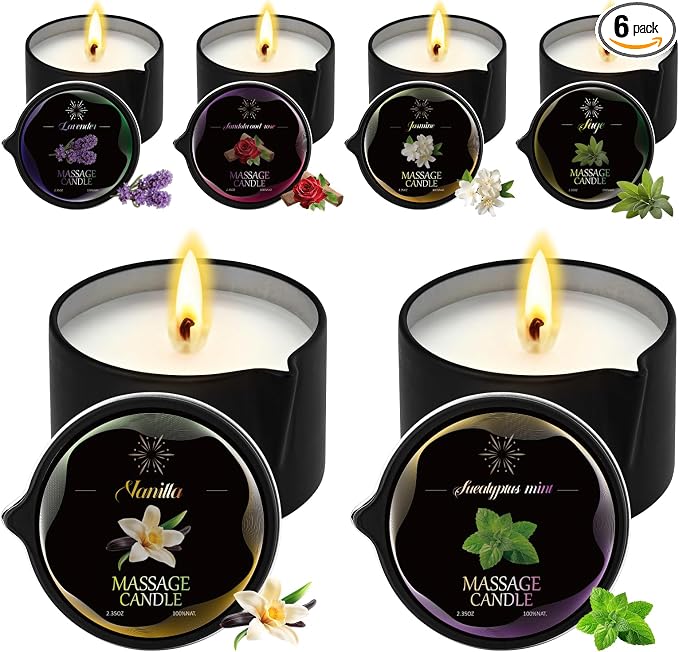 6 Pack Massage Candle Set, Low Temp Scented Massage Oil Candles, Soy & Coconut Oil Based Candles for Home Spa Relaxation