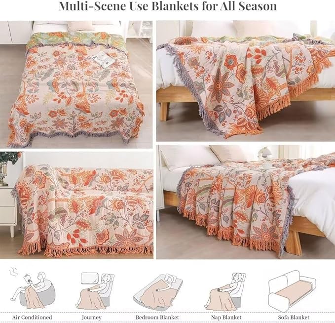 Boho Throw Blanket for Bed 100% Cotton Bohemian Blankets Ultra Soft Woven Muslin Decorative Blankets All Seasons Vintage Quilt Knitted Blanket for Sofa Chair(Orange, 60"x80")