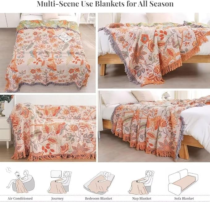 Boho Throw Blanket for Bed 100% Cotton Bohemian Blankets Ultra Soft Woven Muslin Decorative Blankets All Seasons Vintage Quilt Knitted Blanket for Sofa Chair(Orange, 80"x90")