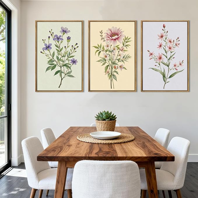 ANHUIB Boho Floral Canvas Wall Art, Framed Minimalist Beige Wildflower Wall Decor, Neutral Botanical Painting 16x24 Inch Set of 3 for Living Room Bedroom Dining Room
