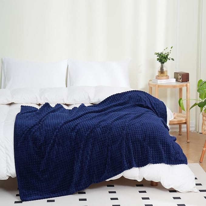 Puncuntex Fleece Throw Blanket Navy Blue 50"×60" with Square Grid Design | Super Soft Plush Cozy Flannel Throw Blanket Luxury for Couch Sofa Chair