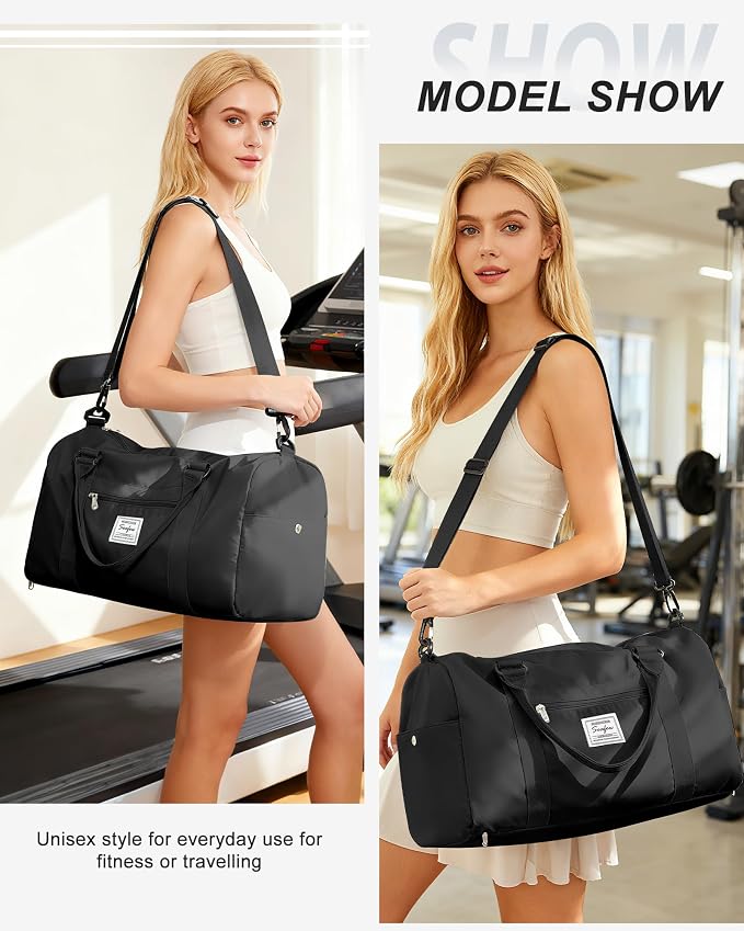 Gym Bag Womens Mens with Shoes Compartment Travel Duffel Bag for Women for Plane Sport Gym Tote Bags Swimming Yoga Weekend Overnight Carry on Bag Hospital Holdalls 4Pcs Set Black