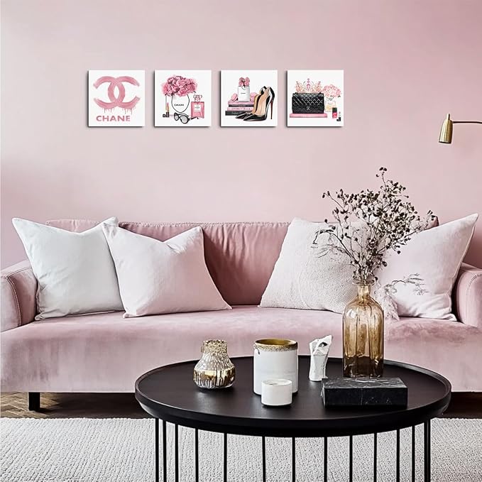 4 Pcs Fashion Canvas Wall Art Pink Room Decor Aesthetic Framed Posters Art | Pink Pictures Prints Artwork for Women Teen Girls Room Bedroom Living Room Apartment Vogue Living Room Decor 8 x 8 inches