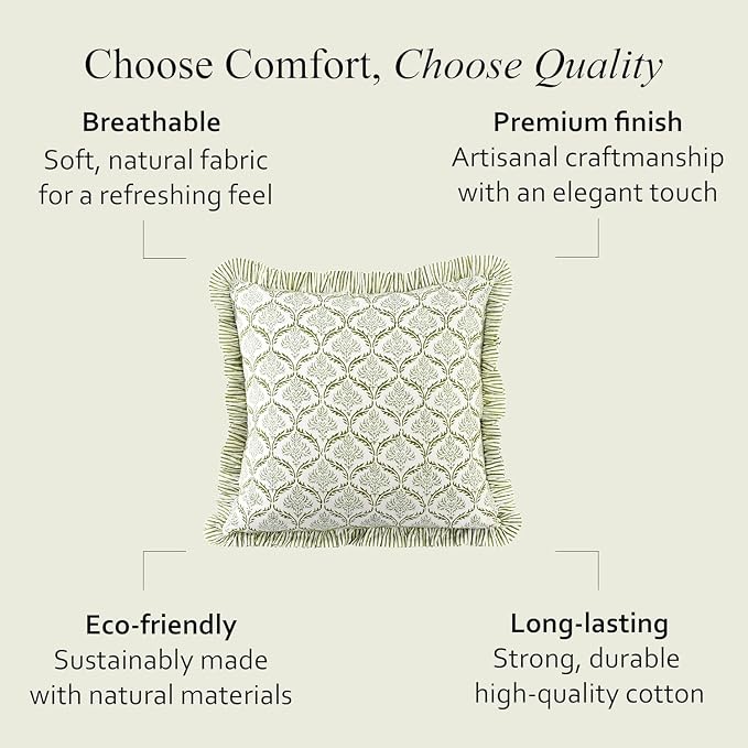CPC Fern Regal Hand Block Print 100% Cotton Ruffle Throw Pillow Cover 18x18 inch with Hidden Zipper Decorative for Couch, Bed, Sofa, Farmhouse, Cottagecore Decor Gift Christmas Fall Thanksgiving