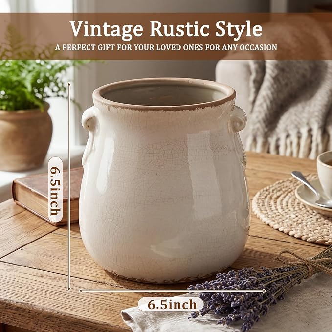 Ceramic Scroll Planter 6.5 Inch Chinoiserie Floral Vase with Drainage Holes Vintage Flower Vase Flower Pot Rustic Ceramic Pots for Indoor Plants Garden Home Bookshelf Decor (Pure White)