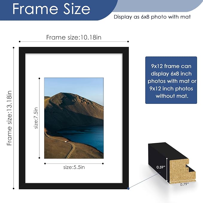 9x12 Picture Frame Set of 6, Wall or Tabletop Display, Black | Display Pictures 6x8 with Mat or 9x12 Without Mat, Horizontal or Vertical, Gallery Wall Frame Set, Wedding Birthday Gifts