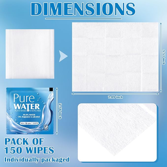 Loopeer 150 Pack Water Travel Size Wet Wipes Individually Wrapped Unscented Feminine Wipes Pocket for Women Period, Face, Hand, Body Quickly Cleaning Travel Gym Camping Supplies
