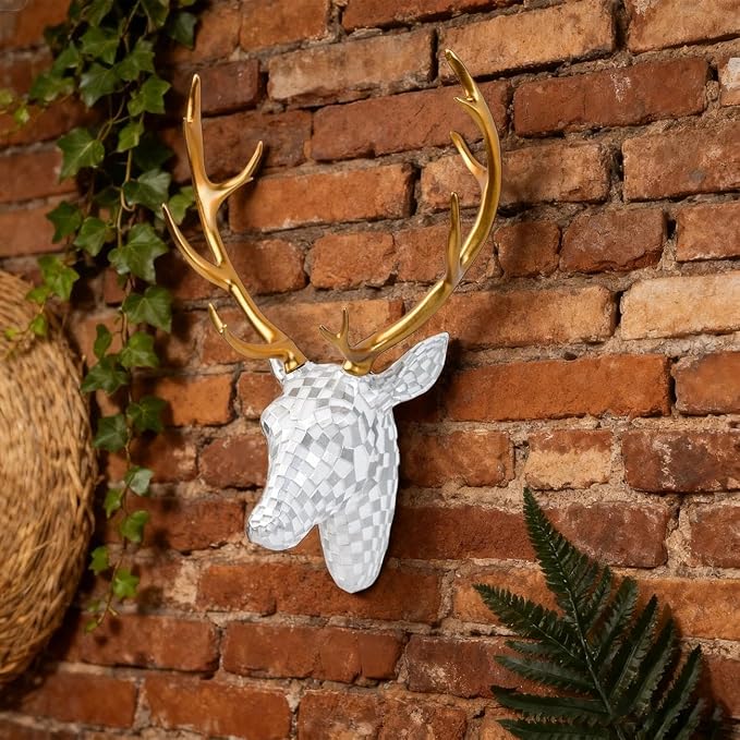 GIGICICI Mosaic Deer Head Wall Decor 15.7x8.7 Inch, Artistic Faux Resin Animal Head Wall Sculpture Hanging for Living Room Bedroom Kitchen Office, White-Silver Gift