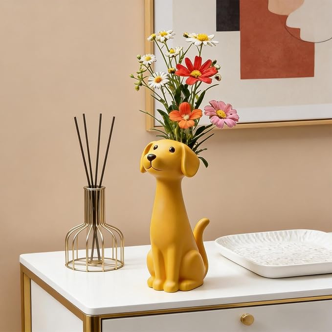 Quirky Dog Vase, Whimsical Boho Dog Flower Vase, Handcrafted Resin Decorative Dog Vases for Small Flowers, Funny Animal Resin Vases, Cute Puppy Planter for Desk Shelf, Boho Home Office Decor