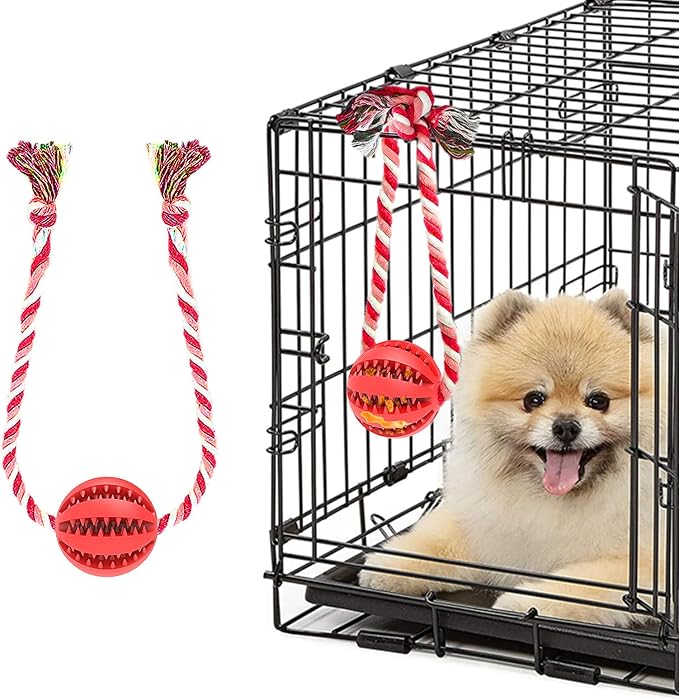 Engorgio Interactive Dog Chew Toys Crate Training Aids for Puppies, Puzzle Treat Dispenser with Rope Dogs Toy Ball Reduce Stress Anxiety Peanut Butter Dog Food Treat Dispenser Toys (Red)
