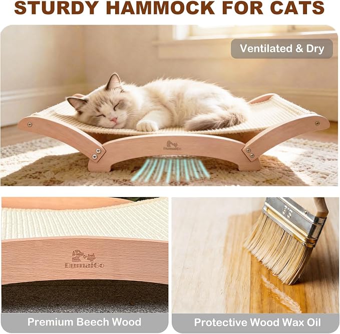 Extra-Large Sisal Cat Scratcher Bed for Indoor Cats, Cat Scratching Post with Hammock Nartural Sisal Scratch Pad for Large Cats Scratcher Lounge Chair, Wooden Cat Furniture (Nartural)