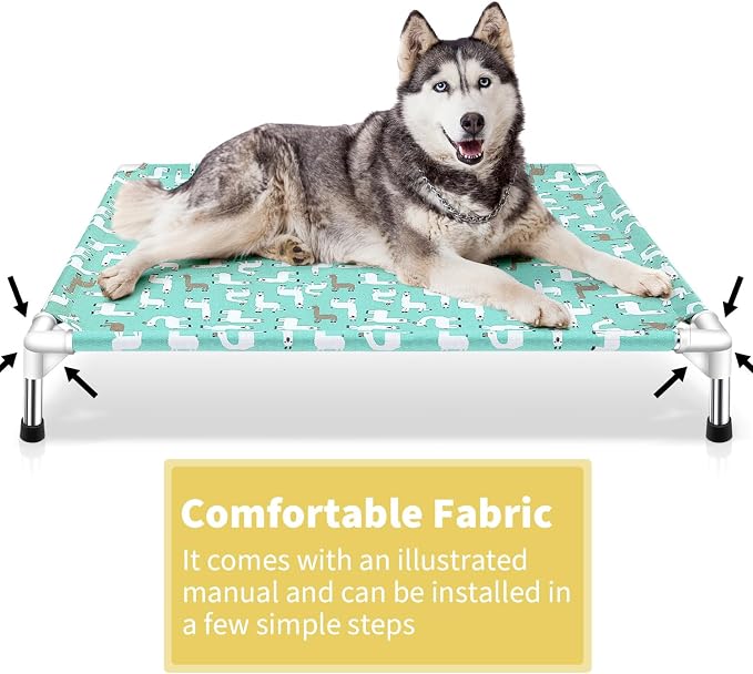 Elevated Dog Bed Pet cot for Large Dogs | Alpaca Print,Indoor and Outdoor ，Breathable Fabric，Stainless Steel Frame, Anti-Slip Feet