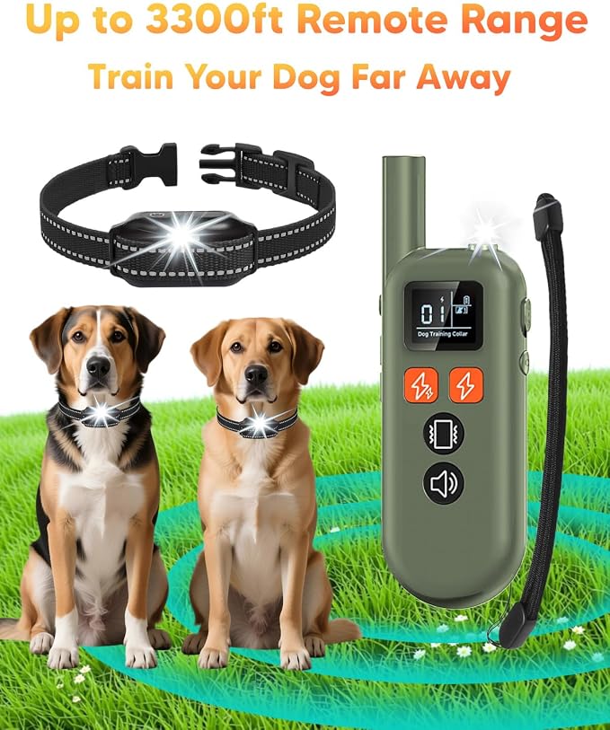 Dog Shock Collar - 3300FT Dog Training Collar with Remote, Flashing Light, IPX67 Waterproof Dog Collar with 6 Training Modes, Smart Dog E Collar for 15-120lbs Small Medium Large Dogs