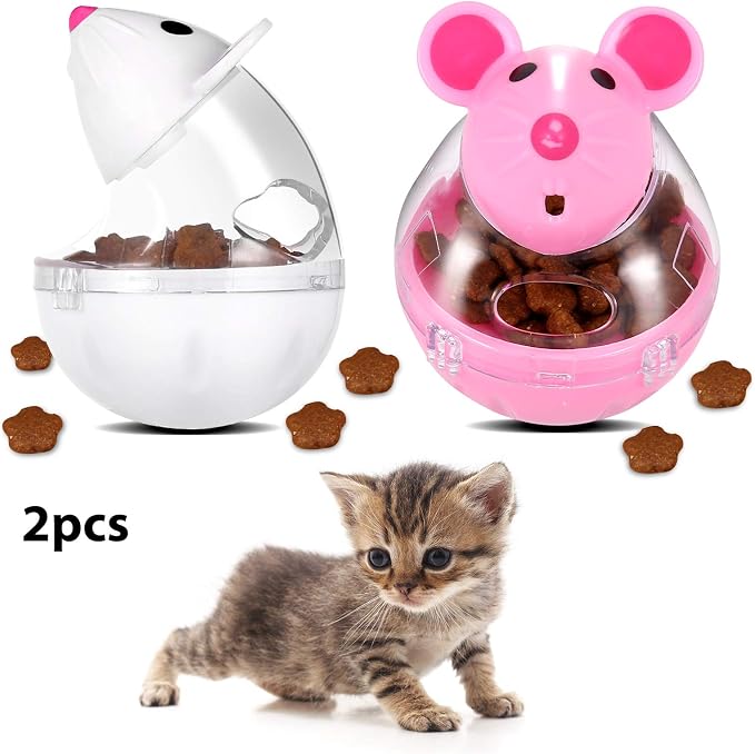 Lightbox Cat Food Ball Dispenser - 4 Pcs Slow Feeder Mice Shaped Tumbler Toy for Interactive Training (Pink, White)