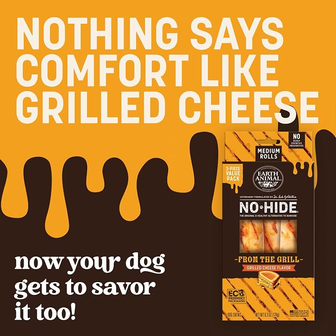 Earth Animal No Hide Dog Chews - Medium Rolls 3 Count Grilled Cheese | Medium Grilled Cheese Flavored Natural Rawhide Free Long Lasting Dog Chews - Treats for Medium Dogs and Aggressive Chewers