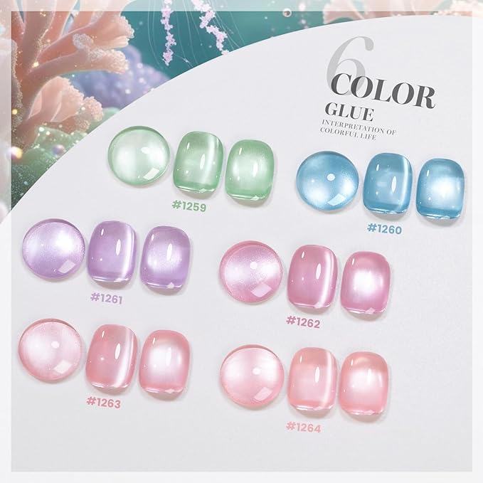 RARJSM Pastel Cat Eye Gel Nail Polish Set 6 Pcs Smoothie Ceramic Silver White Glitter Shimmer Purple Blue Green Nude Rose Pink Velvet Cateye Gel Polish with Magnetic Stick Soak off Curing Require