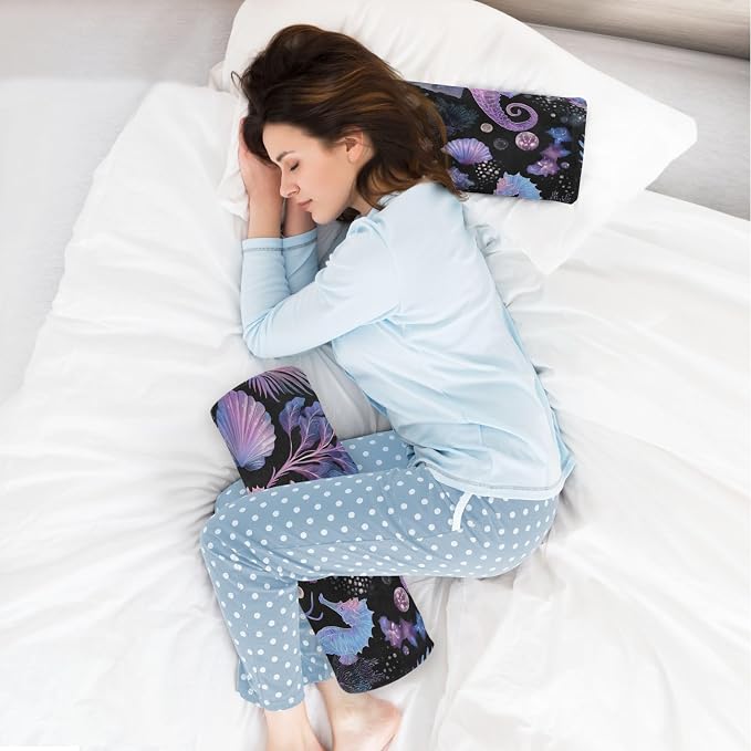 Seahorses Starfish Shells Purple Neck Roll Pillow Bolster Round Health Memory Foam Long Cervical Cylinder Pillows with Removable Washable Cover for Body Bed Legs Back Yoga
