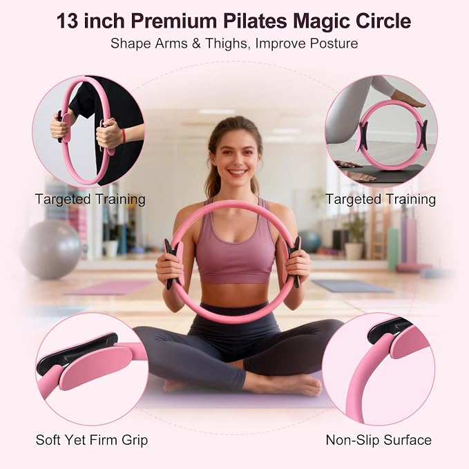 Pilates Kit, Home Pilates Workout Kit for Women, Pilates Equipment with Pilates Ring and Ball, Yoga Block & 5 Resistance Bands, Ankle Weights, Sliders & Grip Socks, Workout Guide Included