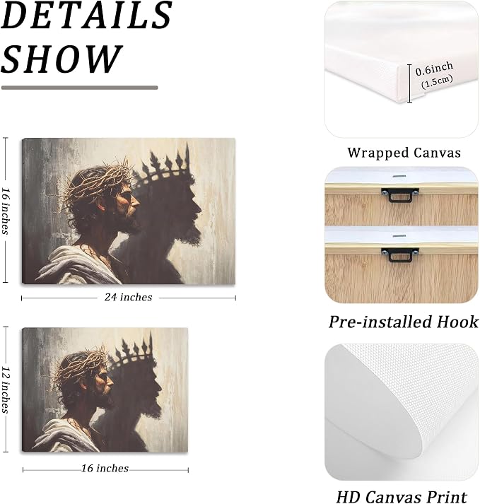 Framed Jesus is the King Christian Wall Art, Jesus and Crown Canvas Wall Decor Christ Biblical Pictures Painting Prints Religious Room Decor for Church Prayer Room Schools Hospitals 12" x 16"