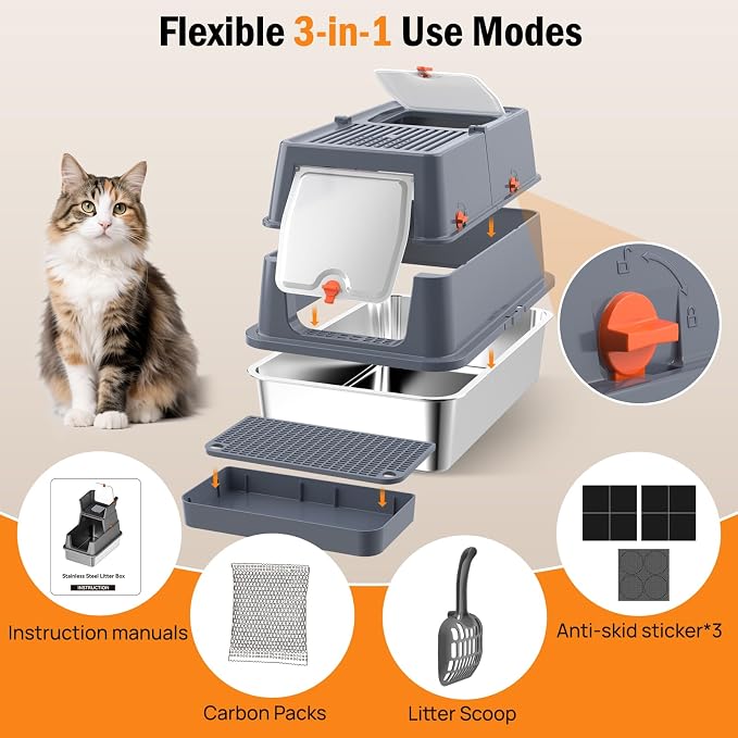 Stainless Steel Litter Box with Lid, Front Entry Top Exit Enclosed Metal Litter Box, Extra Large Flip-Top Kitty Litter Pan with Scoop & Pedal, Odor Control, Odor Free, Grey