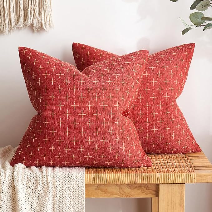 MIULEE Pack of 2 Christmas Decorative Burlap Linen Throw Pillow Covers Modern Farmhouse Pillowcase Rustic Woven Textured Cushion Cover for Sofa Couch Bed 18x18 Inch Christmas Red