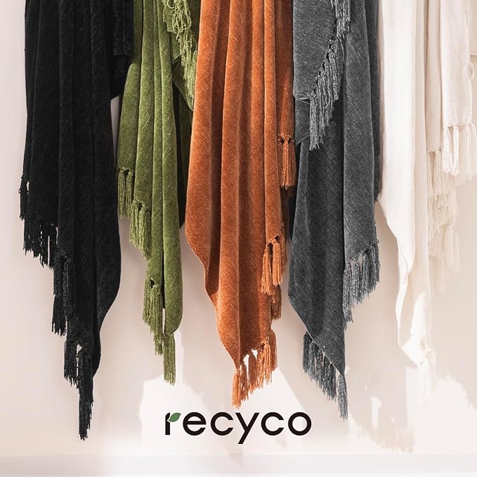 RECYCO Chenille Throw Blanket for Couch, 50"x60", Black | Super Soft Knit Throw Blanket with Fringe Tassels, Lightweight Knitted Throw, Cozy, Ideal for Sofa Chair Bed Living Room Gift