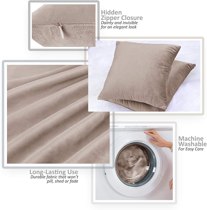 Throw Pillow Inserts Pack of 2 with Velvet Soft Solid Decorative Square Throw Pillow Covers Set for Sofa Couch Car Bedroom, 28X28 Throw Pillows Inserts with 26x26 Washable Cushion Covers, Taupe Sand