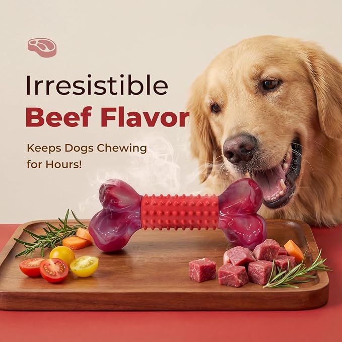 Tough Dog Toys for Aggressive Chewers: Beef Flavored Long Lasting Dog Bones for Large Dogs, Indestructible Dog Chew Toys to Keep Them Busy, Large Dog Toys for Medium & Large Breed, Red
