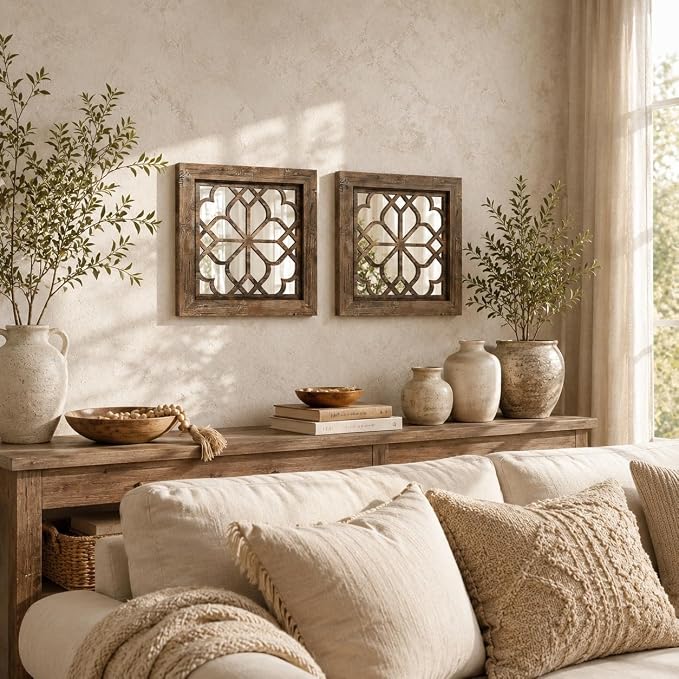 Boho Wall Mirror Decor, Set of 2 Rustic Farmhouse Mirror 12x12 Inch, Square Shatterproof Vintage Style Mirrors for Wall, Small Decorative Mirrors for Living Room, Bedroom，Maroon